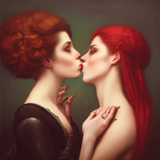 Prompt: a portrait of two women kissing in the style of tom bagshaw