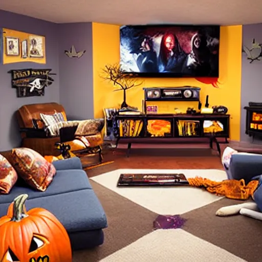 Image similar to Halloween TV show room with big screen on the wall by Disney Concept Artists, blunt borders, rule of thirds