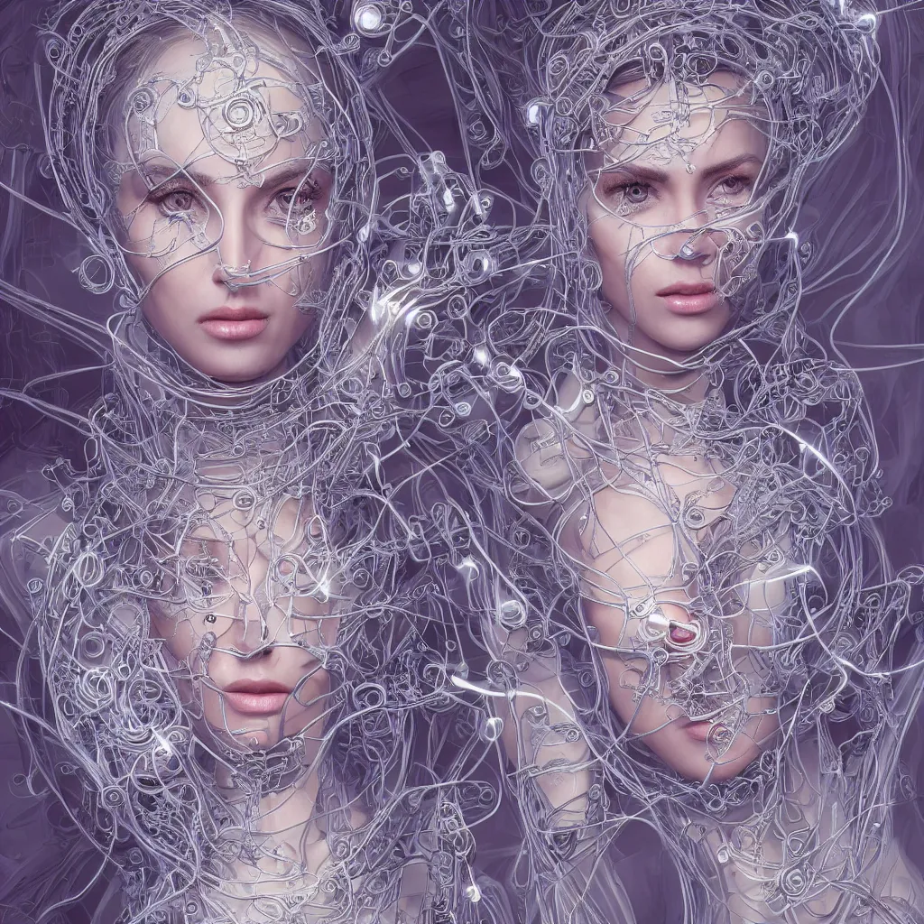 Image similar to very beautiful woman integrating with technology, full face frontal centered, portrait, insipiring, detailed intricate ornate cables connected to head, big open electric eyes, luxurious detailed abundent wiring and implants, diamonds, sci-fi, neon, emeralds, detailed technology full background, highly detailed, artstation, Rene Lalique and Eddie Mendoza