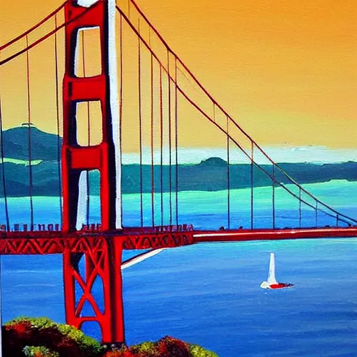 Image similar to a painting of the golden gate bridge in san francisco, a fine art painting by elaine duillo, featured on dribble, american scene painting, nightscape, impressionism, acrylic art,