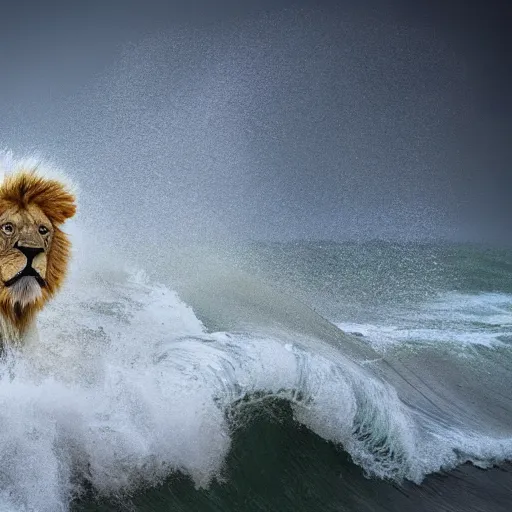 Image similar to a lion's face breaching through a wave, stormy weather