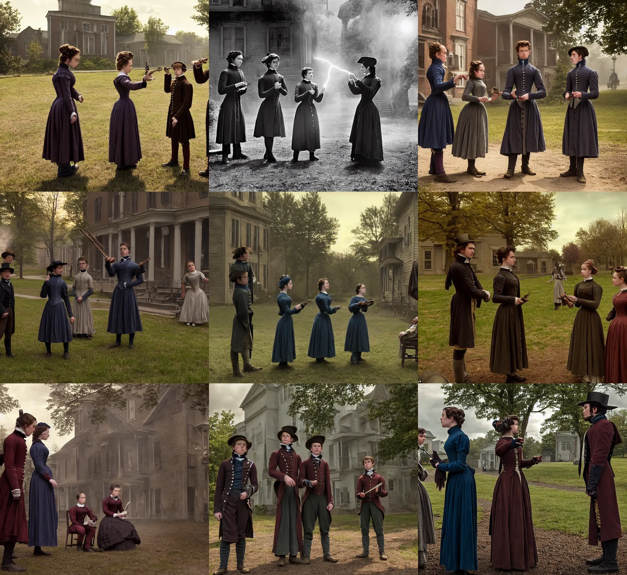 Prompt: sharp, detailed, film still from a 2 0 1 9 sci fi color movie, set in 1 8 5 0 in an alternate universe, mid distant shot of three students practicing magic, outside the school of magic, 1 8 5 0 s clothing, atmospheric lighting, in focus, reflective faces, 3 5 mm macro lens, live action, good special effects