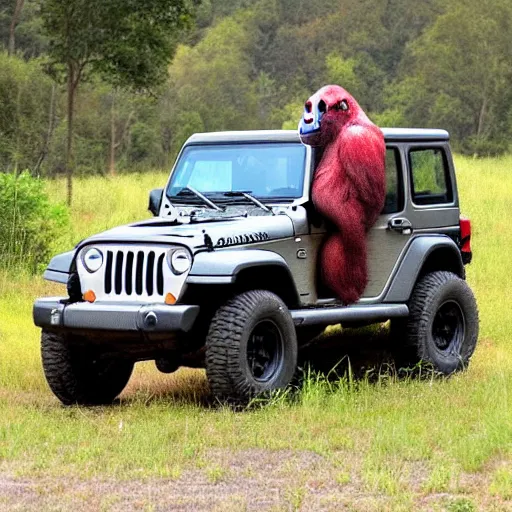 Image similar to gorilla driving a jeep holding an amanita muscaria made by banksy