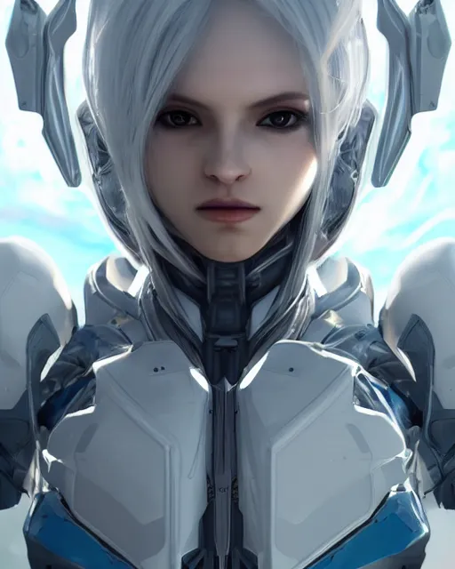 Image similar to perfect android girl on a mothership, warframe armor, beautiful face, scifi, futuristic, galaxy, nebula, raytracing, dreamy, long white hair, blue cyborg eyes, sharp focus, cinematic lighting, highly detailed, artstation, divine, by gauthier leblanc, kazuya takahashi, huifeng huang