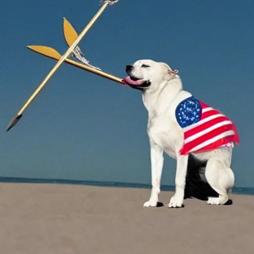 Prompt: a dog with a trident, riding a patriotic bald eagle