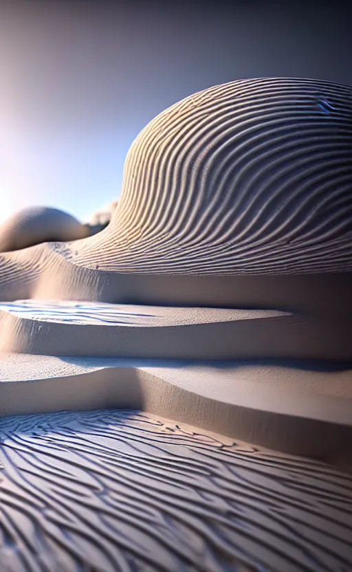 Prompt: highly detailed ultra sharp 3 d render cinematic composition of a smooth marble stone ceramic sand white fluid fractal sci - fi surreal architecture landscape, magnesium, archviz, vincent callebaut composition, mamou - mani, beautiful lighting, 8 k, unreal engine, hdr, dof