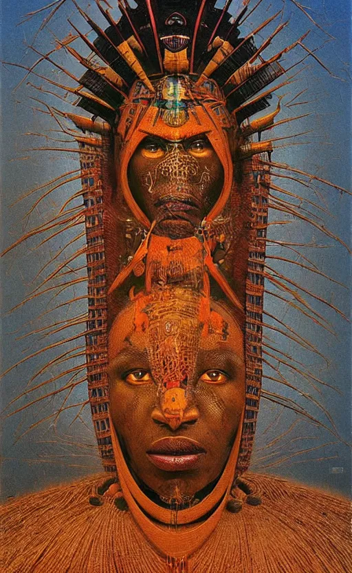 Prompt: portrait of futuristic african tribal chief, insibidi symbols, symmetrical, dramatic lighting, art by zdzislaw beksinski,