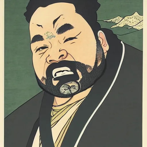 Image similar to Raekwon rapping, portrait, style of ancient text, hokusai