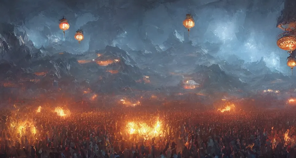 Image similar to craig mullins and ghibli digital art of zhongyuan festival in china ， lanterns ， unreal hell door with fire in the sky, black night sky, stars, below is the crowd, rivers, villages ， unreal engine, hyper realism, realistic shading, cinematic composition, realistic render, octane render, detailed textures, photorealistic, wide shot