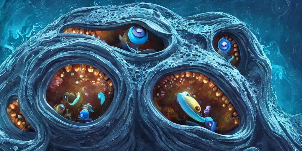 Image similar to of an intricate deep sea with strange cute friendly happy creatures with huge eyes, long tongue, round teeth and goofy funny face, appearing from the background, in the style of gehry and gaudi, macro lens, shallow depth of field, ultra detailed, digital painting, trending artstation, concept art, illustration, cinematic lighting, photorealism, epic, octane render