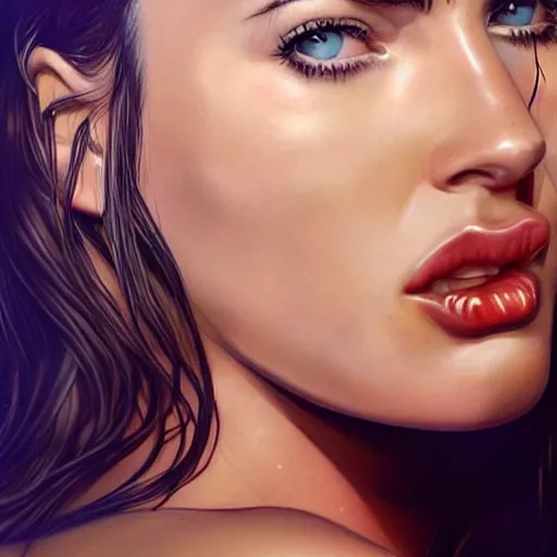 Image similar to megan fox licking her lips in anticipation, hyperrealistic portrait, photo realistic, poster, artstation, volumetric lighting, digital art, very detailed face by magali villeneuve