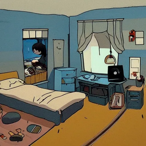 Image similar to a teenage boy's dark and slightly messy bedroom, super detail, studio ghibli