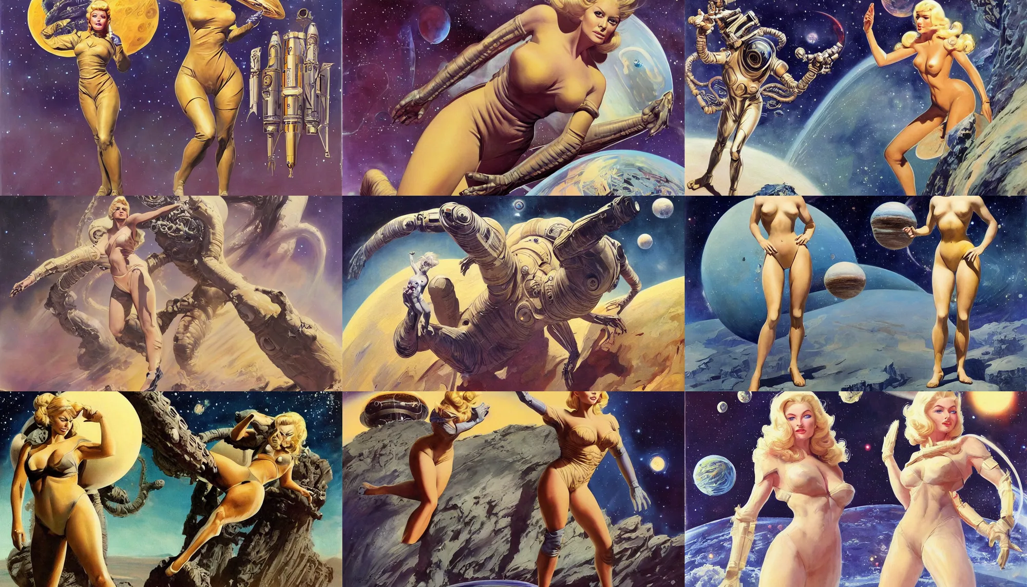 Prompt: a mixed media painting of one very beautiful blonde woman in a space suit fleeing from a distant colossus creature on an alien world, elegant, aesthetic!!! symmetrical face and eyes, sixties pinup, photorealistic, curvy, epic sci - fi character art, by frank frazetta, donato giancola, boris vallejo, greg rutkowski, christian macnevin