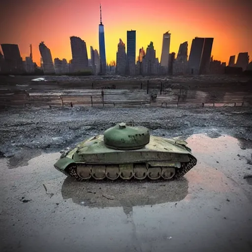 Prompt: low angle shot, tank in front of the destroyed new york skyline, reflections, award winning photograph, sunset, desolate, atmospheric