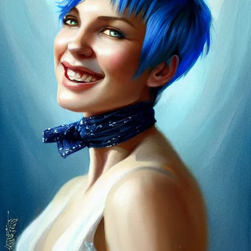 Image similar to a beautiful painting of a smiling woman with stylish short blue hair and sparkling blue eyes, background is a rustic saloon, representative of the art style of artgerm and wlop and peter mohrbacher