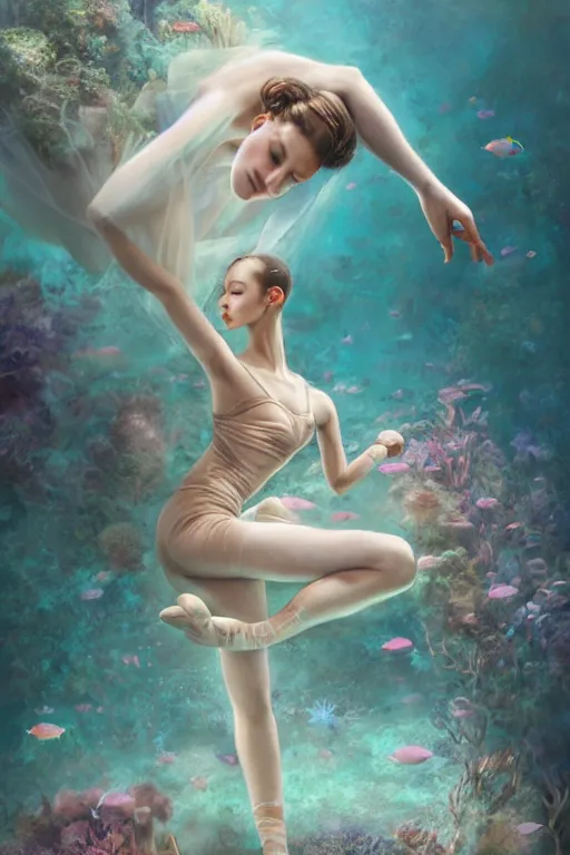 Image similar to stunningly beautiful, ballerina at the bottom of the great barrier reef by jaques cousteau, smooth, focus, highly detailed, hyper realistic, intricate, concept art, art by wlop