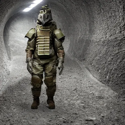 Image similar to photo, an ultra - tactical combat army schnauzer in futuristic battle armor with bandoliers and ammo pouches and boots and goggles, inside a rocky alien tunnel, volumetric lighting, ultradetailed