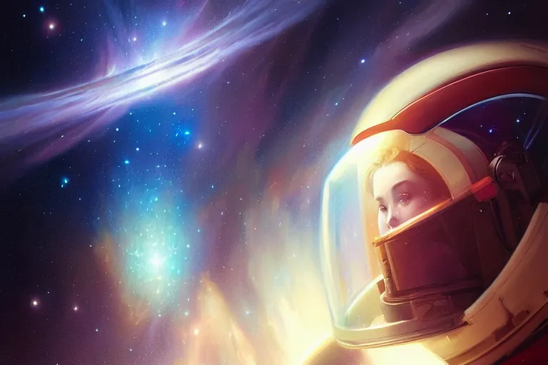 Image similar to Portrait of an astronaut reflective visor reflecting a nebula in space, portrait, elegant, intricate, digital painting, artstation, concept art, smooth, sharp focus, illustration, art by artgerm and greg rutkowski and alphonse mucha