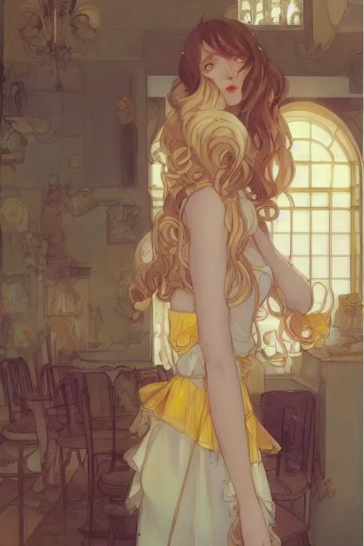 Prompt: A girl in a maid's outfit in a cafe a afternoon, wavy hair yellow theme,S line,45 angel by krenz cushart and mucha and trnyteal and ra-lilium