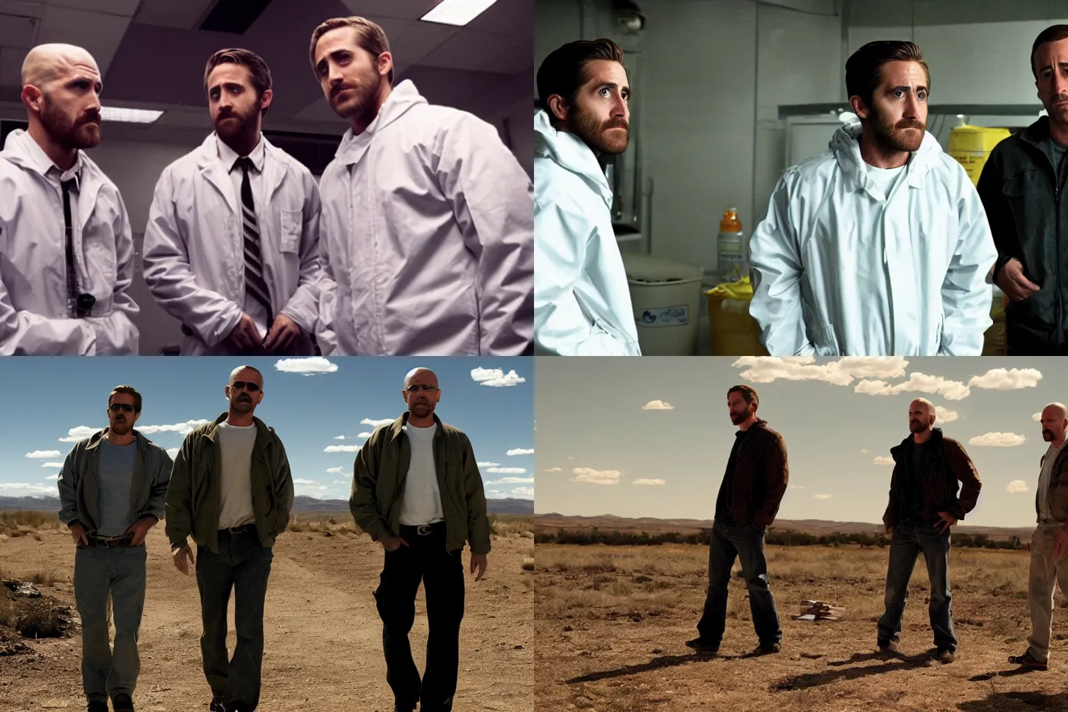 Prompt: Jake Gyllenhaal and Ryan Gosling in Breaking Bad (2008), meth lab, film still