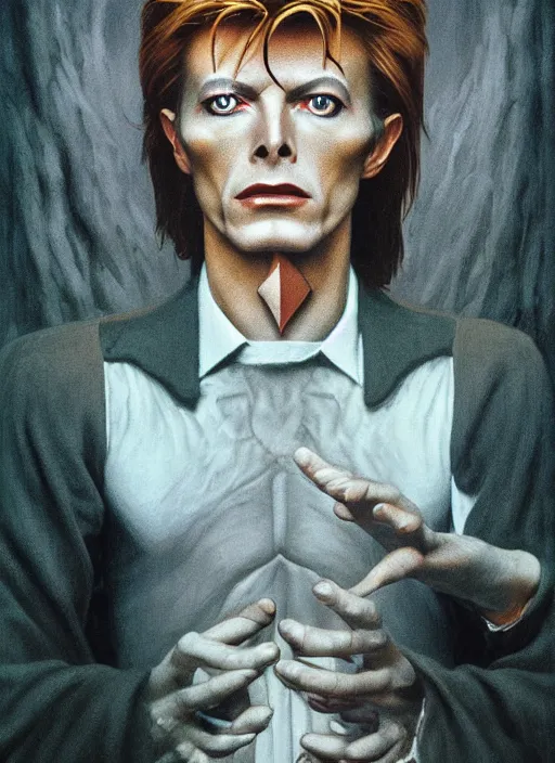 Image similar to twin peaks poster art, portrait of david bowie stands before the labyrinth, his fate for the next two years, by michael whelan, rossetti bouguereau, artgerm, retro, nostalgic, old fashioned