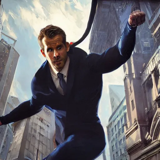 Image similar to ryan reynolds as spider - man, wearing a black and blue suit, cinematic, volumetric lighting, f 8 aperture, cinematic eastman 5 3 8 4 film, photorealistic by greg rutkowski, by stanley artgerm, by alphonse mucha