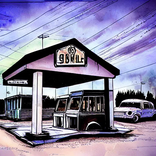 Prompt: an abandoned gas station by tim doyle