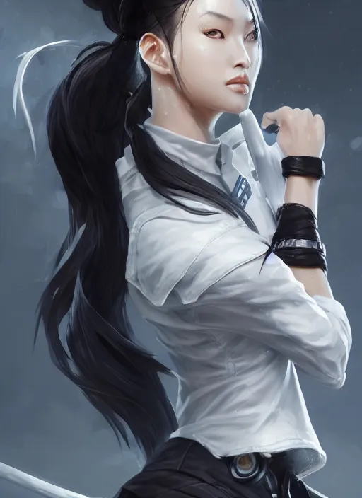 Image similar to a highly detailed illustration of fierce tall amazon messy ponytail black haired one armed delinquent japanese woman wearing uniform white cap wearing long white jacket with cape, muscular, intricate, elegant, highly detailed, centered, digital painting, artstation, concept art, smooth, sharp focus, league of legends concept art, wlop.