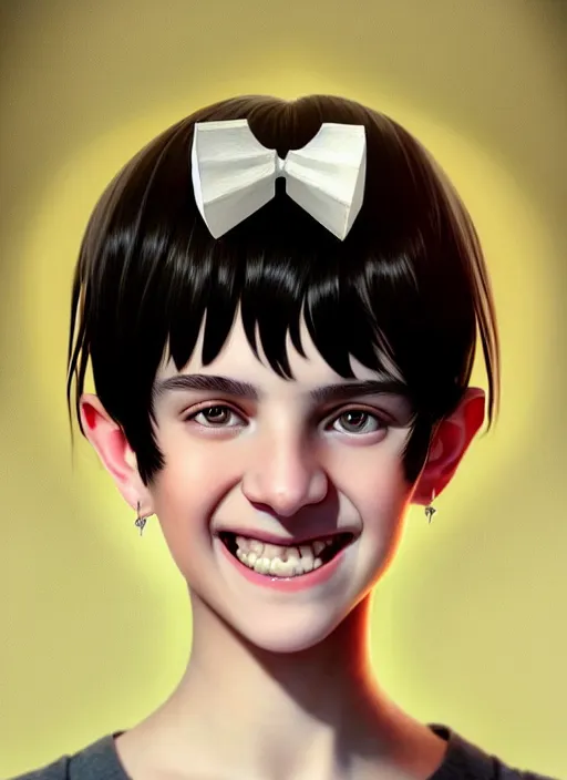 Prompt: portrait of white teenage girl, narrow face, short black hair, bangs, half updo hairstyle, buck toothed big smile, unattractive, defined jawline, long chin, wearing hair bow, earrings, intricate, elegant, glowing lights, highly detailed, digital painting, artstation, sharp focus, illustration, art by wlop, mars ravelo and greg rutkowski