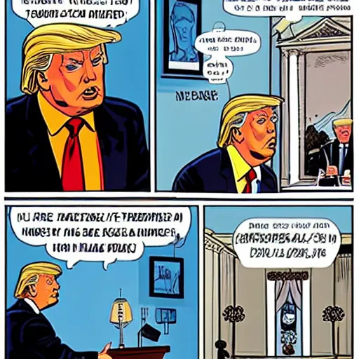 Image similar to donald trump, comic book panels, white house,