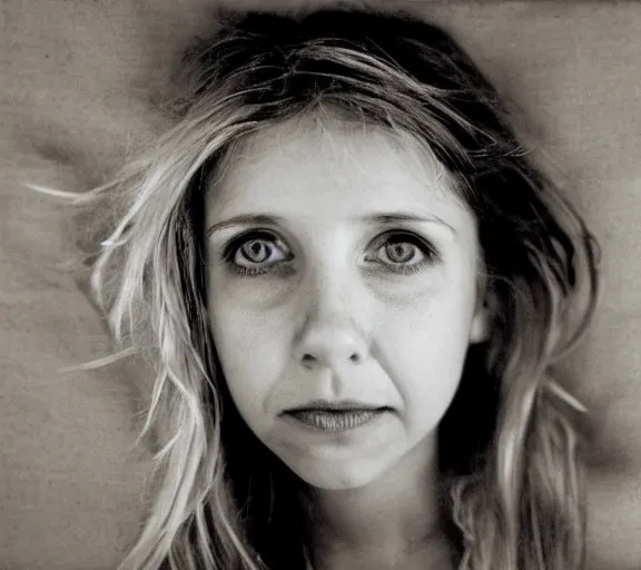 Prompt: award winning photo of Sarah Chalke, symmetrical face by Sally Mann