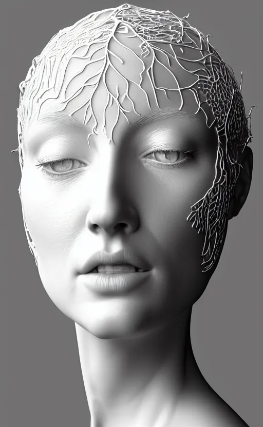 Prompt: complex 3d render ultra detailed of a beautiful porcelain profile woman face, hazel eyes, vegetal dragon cyborg, 150 mm, beautiful natural soft light, rim light, silver platinum details, magnolia big white infrared leaves and stems, roots, fine lace, maze like, mandelbot fractal, anatomical, facial muscles, cable wires, microchip, elegant, white metallic armor, octane render, black and white, H.R. Giger style