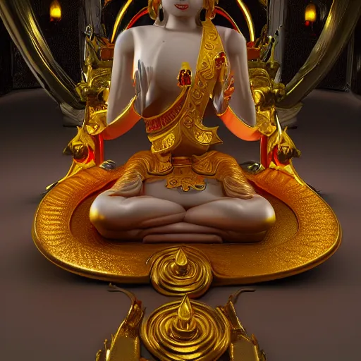 Image similar to naraka buddhist demon korean female, smooth, detailed, glowing in gold, cinematic sparks, unreal engine 5