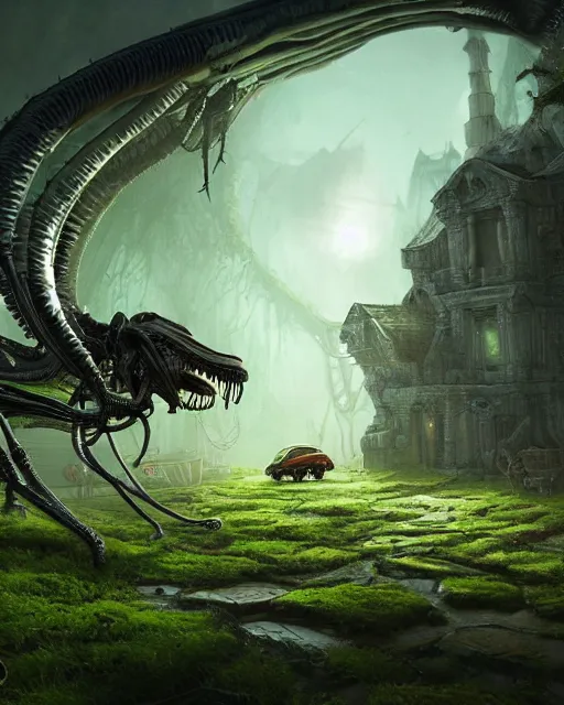 Image similar to xenomorph taxi car in a fantasy village, calming, uplifting mood, ultra realistic, farm, small buildings, highly detailed, atmosphere, masterpiece, epic lighting, elves, green plants, magic, illuminated, 4 k, cinematic, morning sun, art by eddie mendoza and sylvain sarrailh and jonathan berube