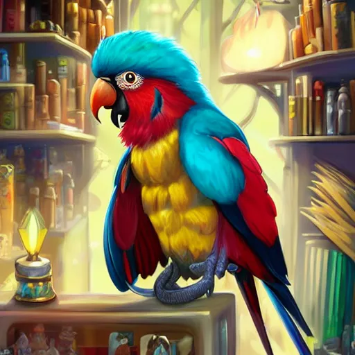 Prompt: Anime artwork of Anthropomorphized parrot trader in his shop, shelves full, selling a gem, portrait, items, magic potions, carpet, window, fancy funny hat, sly expression , cunning expression, cute expression, presenting magic gem, D&D, fantasy, cinematic lighting, highly detailed, digital painting, artstation, concept art, smooth, sharp focus, illustration, warm light, cozy warm tint, magic the gathering artwork, volumetric lighting, 8k, no gold, no gold colours, art by Akihiko Yoshida and Greg Rutkowski