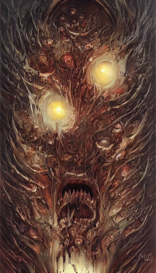 Image similar to a storm vortex made of many demonic eyes and teeth, by karol bak