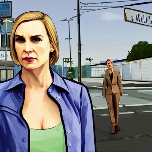 Image similar to Kim Wexler from Better Call Saul as a GTA character portrait, Grand Theft Auto
