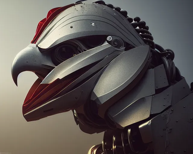 Image similar to portrait of mechanical robot american eagle, machine, octane render, patriotic design, concept art, sharp focus, hyper - realistic, intricate, detailed, eduard pronin, luka mivsek, ruan jia, dynamic volumetric lighting, octane, cinematic,