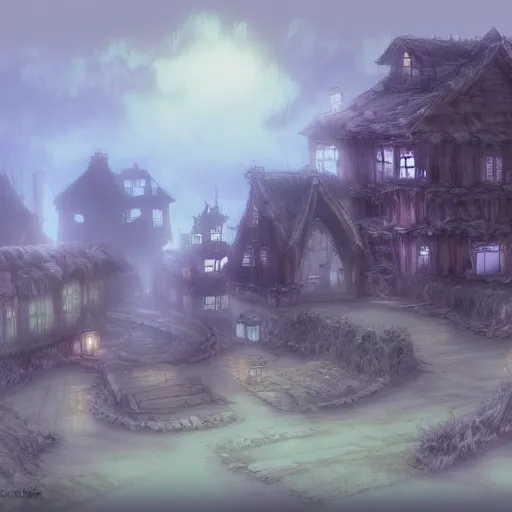 Prompt: A dilapidated foggy village inhabited by black mages as seen in final fantasy 9 Vivi, digital painting, concept art, artstation