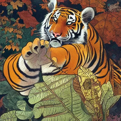 Image similar to a highly detailed cartoon tiger waving a leaf fan, autumn leaves on the ground, concise lines, ultradetailed environment, sharp focus, cinematic lighting, by alphonse maria mucha and kim jung gi