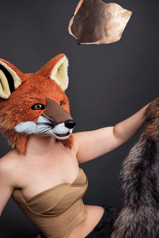 Image similar to photo of a woman in a realistic fox fursuit body, with her head exposed, in a photo studio, studio photography