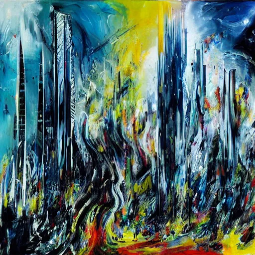 Prompt: sci fi landscape painting of skyscrapers architecture design of Zaha Hadid style , decorated by Jackson Pollock’s painting