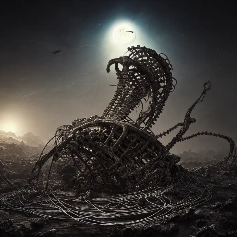 Prompt: abandoned giant snake skeleton buried on exoplanet, statue covered with wires, surreal abandoned buildings, dream-like heavy atmosphere, baroque painting, beautiful detailed intricate insanely detailed octane render trending on Artstation, 8K artistic photography, photorealistic, dramatic volumetric cinematic light, chiaroscuro, Raphael, Caravaggio, Beksinski, Giger