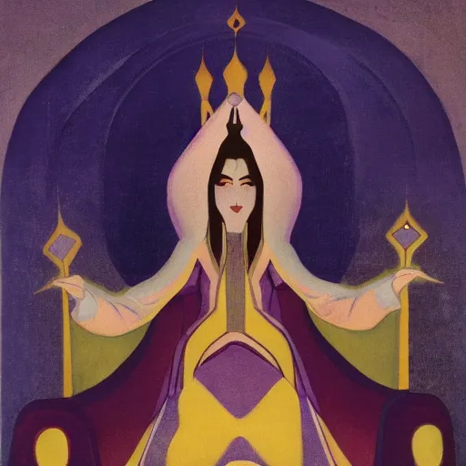 Image similar to an illustration of a queen on a throne at night by nicholas roerich, by johann heinrich fussli, by georgia o keeffe, realistic, detailed, oil painting