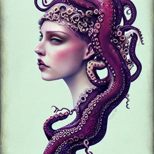 Image similar to queen of octopus, portrait, pink and gold, nouveau, beautiful, by Anato Finnstark, Tom Bagshaw, Brom