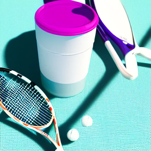 Image similar to three cups of yougurt jats next to a tennis racket, a stock photo by pia fries, trending on pinterest, lyco art, y 2 k aesthetic, vaporwave, aesthetic, side view, vray tracing, octane render