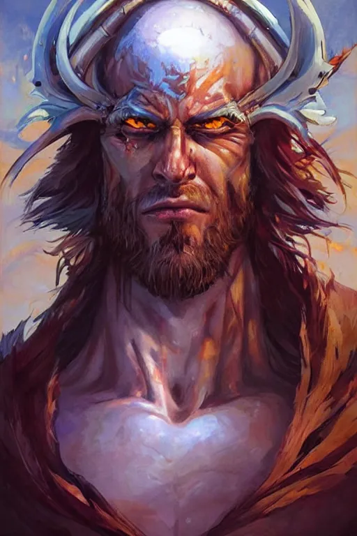 Image similar to clear portrait hulking herculean barbarian jesus christ, model pose, bright color, sun shining through, sharp focus, highly detailed face, specular reflection, art by anato finnstark and lecouffe deharme and pete mohrbacher and quentin mabille and frank moth, fantasy illustrations, epic light novel cover art