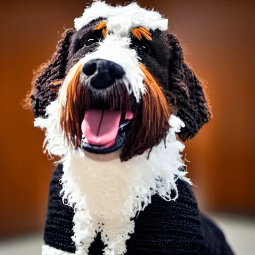 Image similar to a closeup photorealistic photograph of a cute smiling knitted bernedoodle judge dog dressed in a black gown, presiding over the courthouse. indoor image, professional capture, well lit shot. this 4 k hd image is trending on artstation, featured on behance, well - rendered, extra crisp, features intricate detail, epic composition and the style of unreal engine.