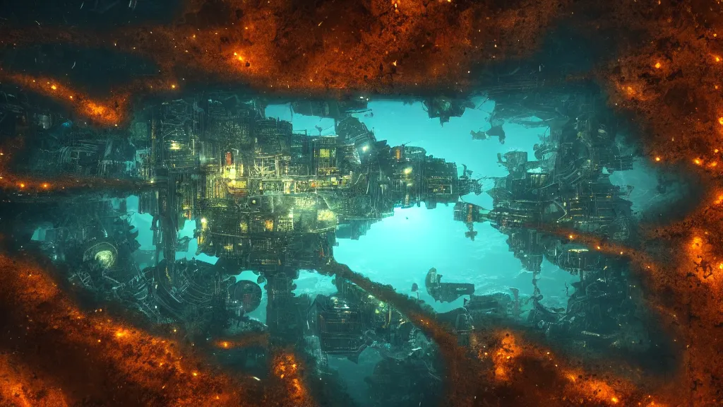 Image similar to photograph of an underwater city at night, 4 k resolution