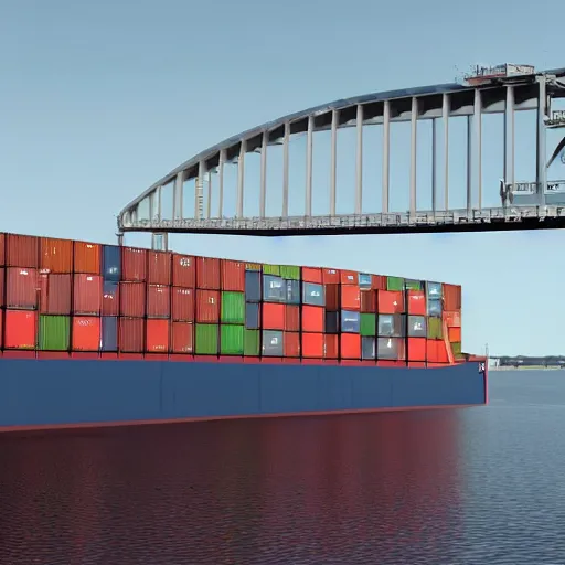 Prompt: promotional still of a container ship traveling under the francis scott key bridge in the future [ 3 0 0 0 ], the ship is very wide filled with shipping containers that are grey in color and look sterile. the weather is choppy, the water glossy and a feeling of powerful unbridled energy. cg animation, 3 d octane render, imax 7 0 mm, rtx.